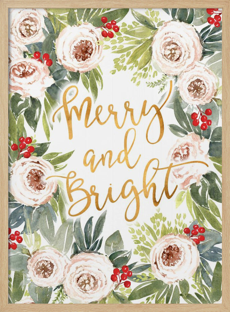 Merry and bright holiday roses and berries Poster