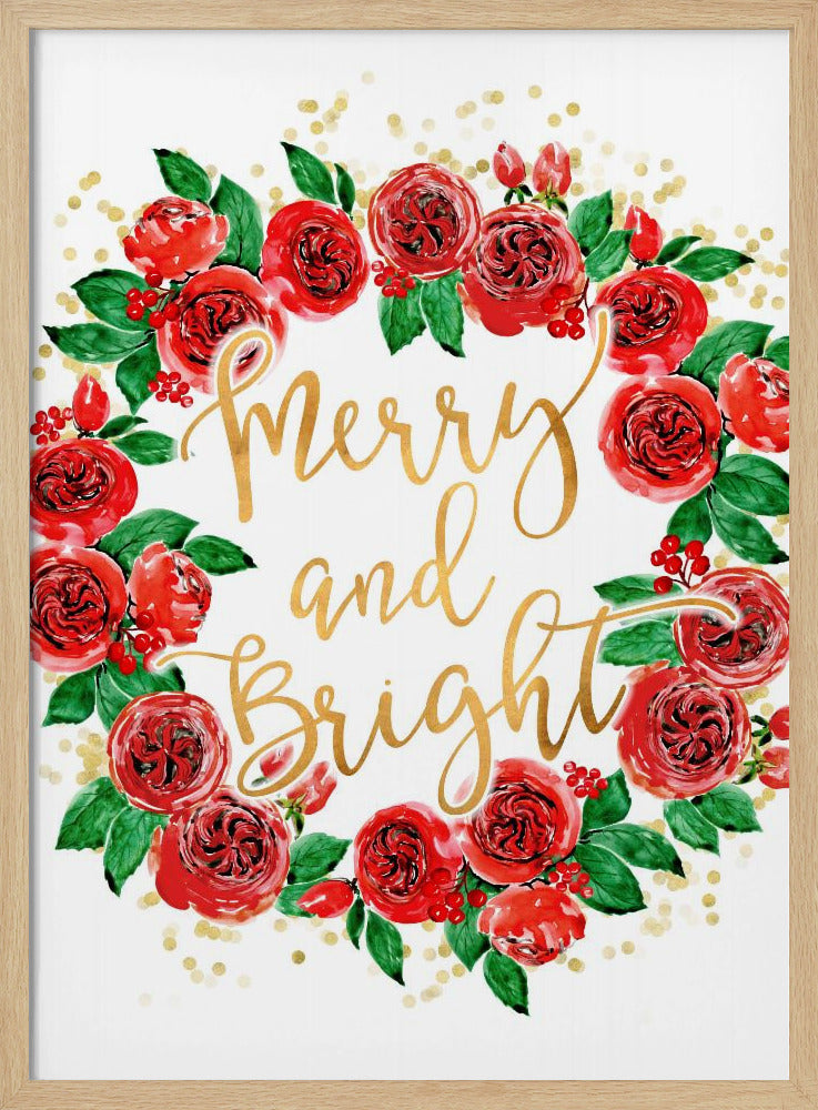 Merry and bright wreath of red English roses Poster