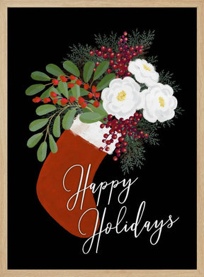 Floral Stocking Happy holidays in black Poster