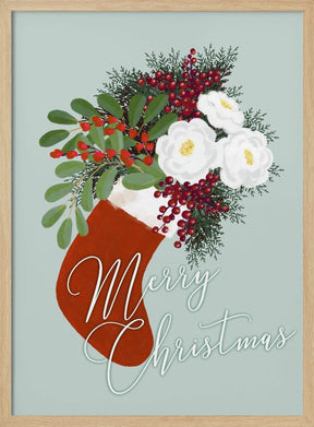 Floral Stocking Merry Christmas in mint Poster