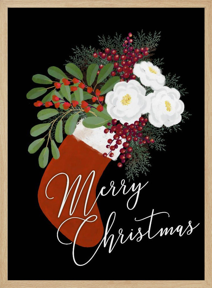 Floral Stocking Merry Christmas in black Poster