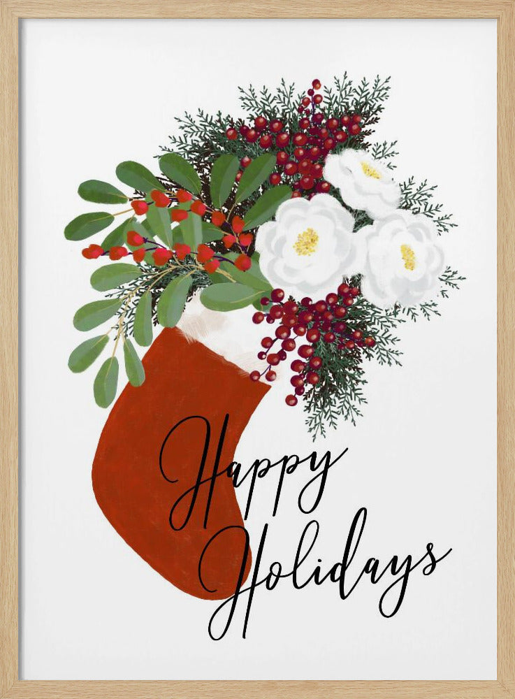 Floral Stocking Happy holidays in white Poster