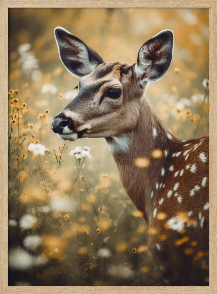 Deer In Flower Field Poster