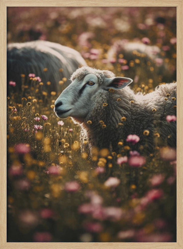 Sheeps In Flower Field Poster