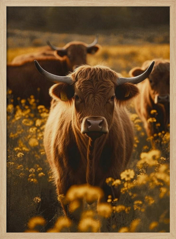 Highland Cows In Flower Field No 2 Poster