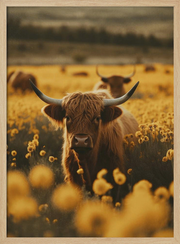 Highland Cows In Flower Field Poster