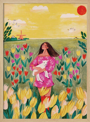 Woman in spring tulip field Poster