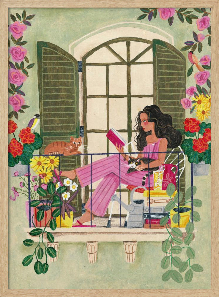 Woman reads on balcony Poster