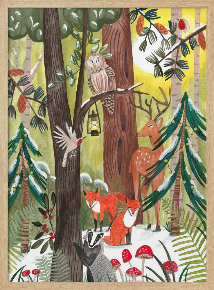 Green Christmas forest with animals Poster