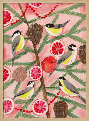 Winter birds Tits in the pine tree at Christmas Poster