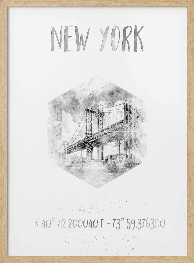 Coordinates NYC Manhattan Bridge | monochrome watercolor Poster