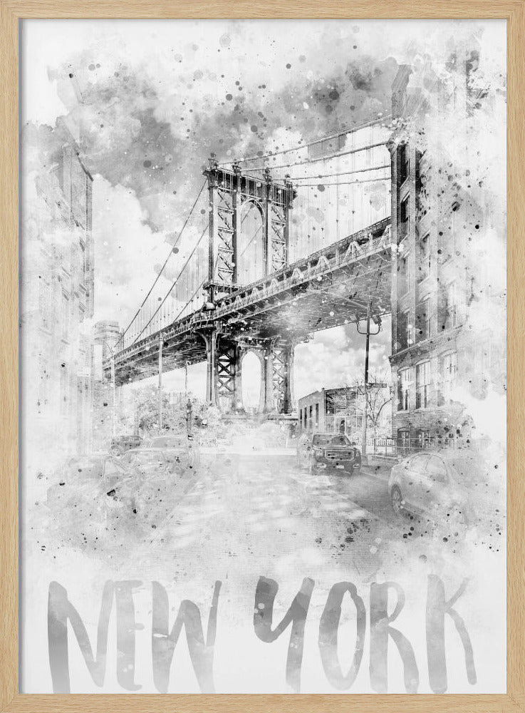 Monochrome Art NYC Manhattan Bridge | watercolor Poster