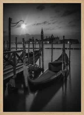 VENICE Gondolas during sunrise in black and white Poster