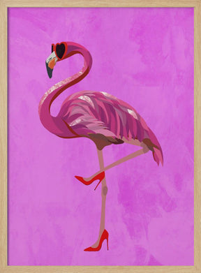 Flamingo in heels and heart glasses pink Poster