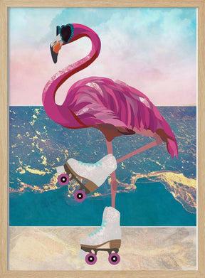 Flamingo rollerskating on the beach Poster