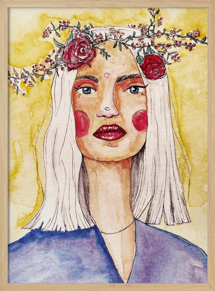 Lady with flower wreath Poster