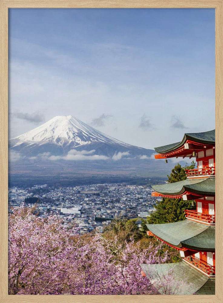 Unique view of Mount Fuji with Chureito Pagoda during cherry blossom season Poster