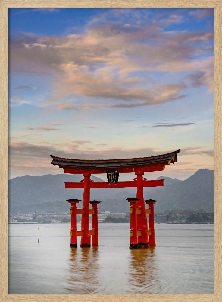 Vermilion Torii of Itsukushima Shrine on Miyajima in the evening Poster