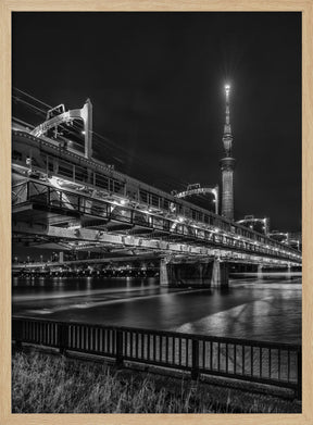 Tokyo Skytree with Sumida River Walk at night - monochrome Poster