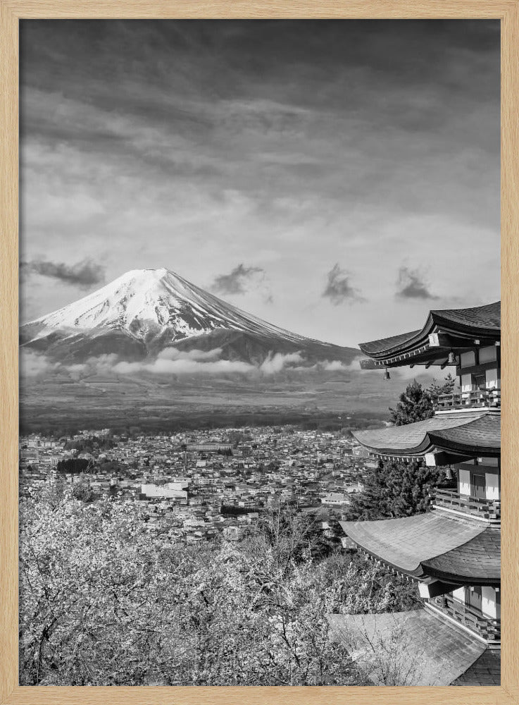 Unique view of Mount Fuji with Chureito Pagoda during cherry blossom season - monochrome Poster