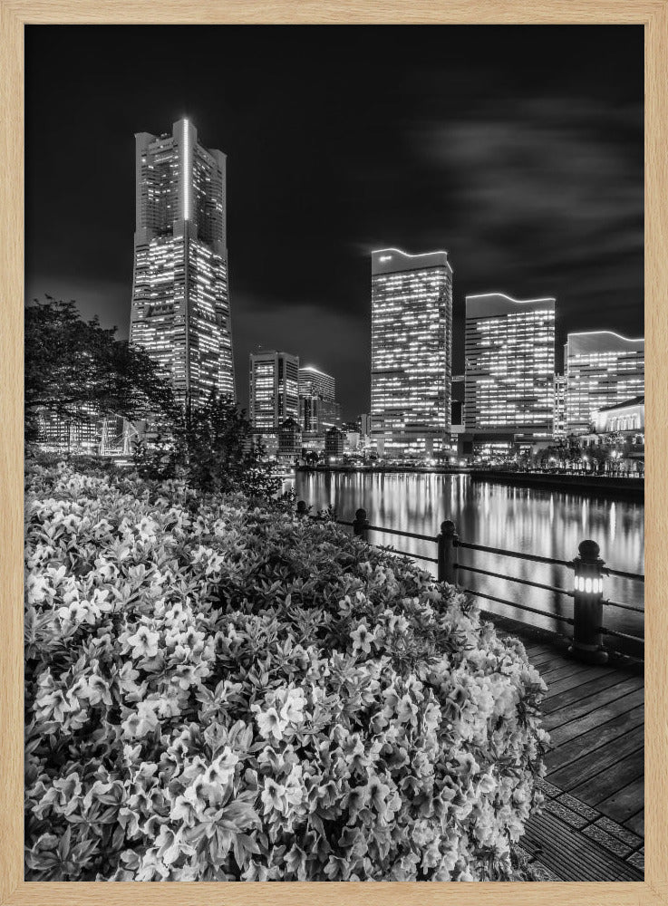 Picturesque Yokohama skyline at night - monochrome Poster