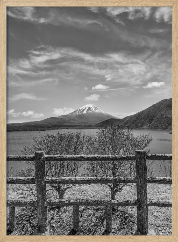 Lake Motosu with Mount Fuji - monochrome Poster