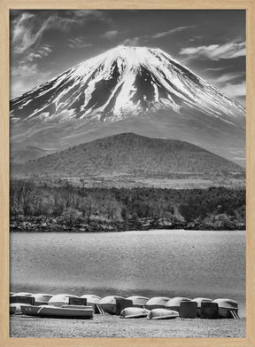 Picturesque Lake Shoji with striking Mount Fuji - monochrome Poster