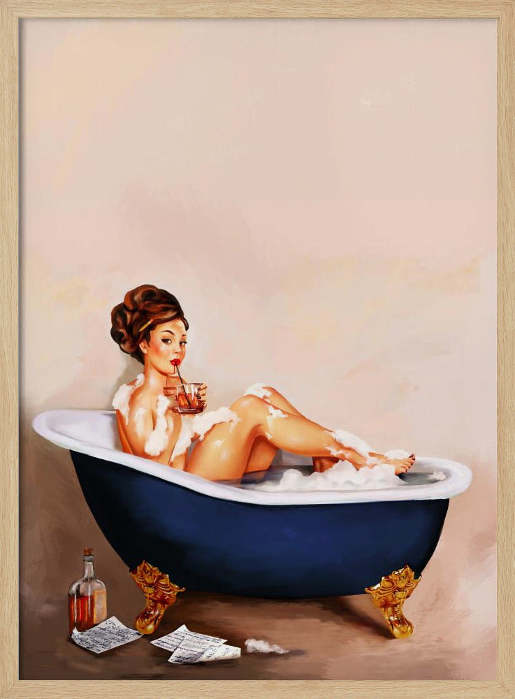 Bathtub Drinks: Pinup Girl Drinking In Bathroom Poster