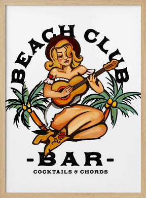 Beach Club Bar. Sailor Jerry Style Pin-up Girl Playing Guitar Poster