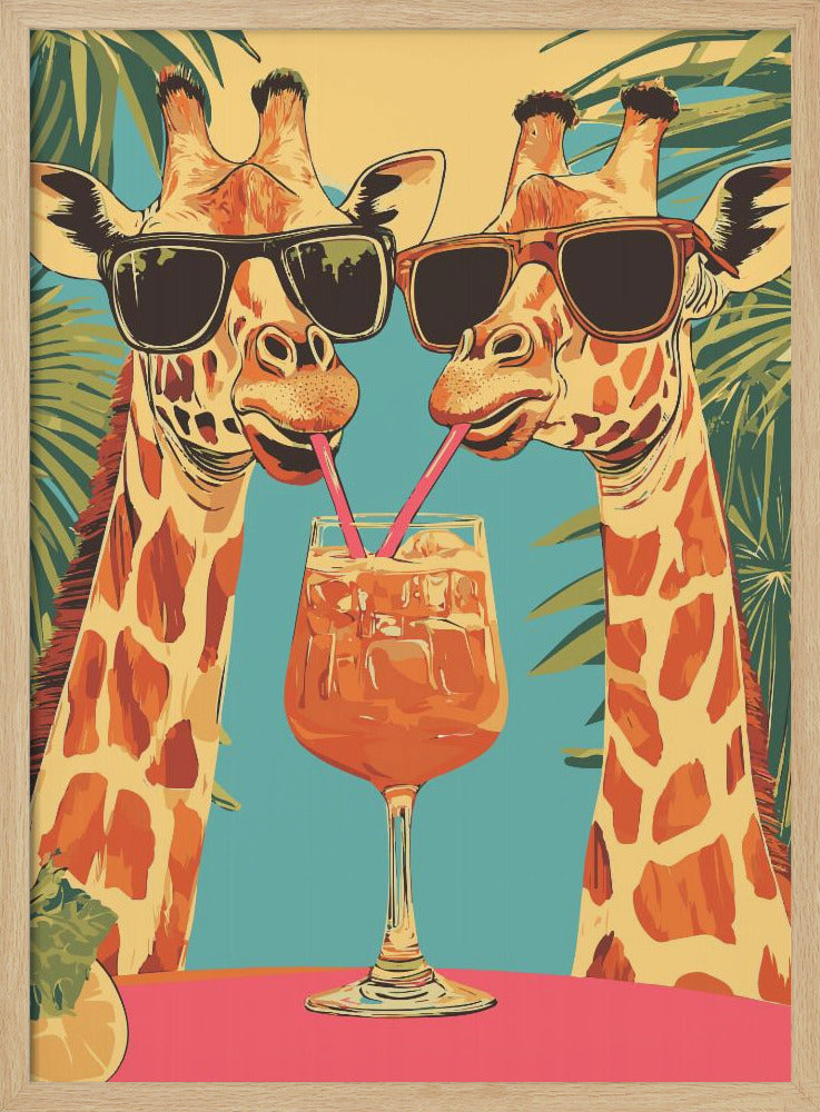 Giraffes Sharing a Drink Poster