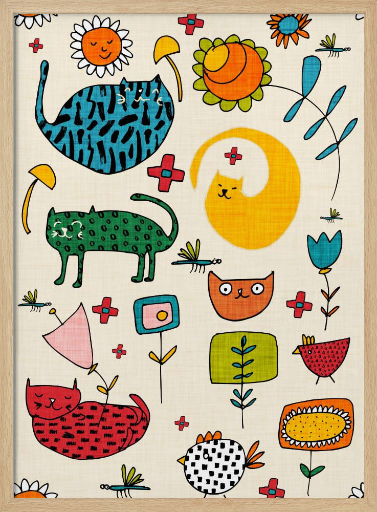 Spring Cat Beige - Cute Whimsical Cats with Flowers Poster