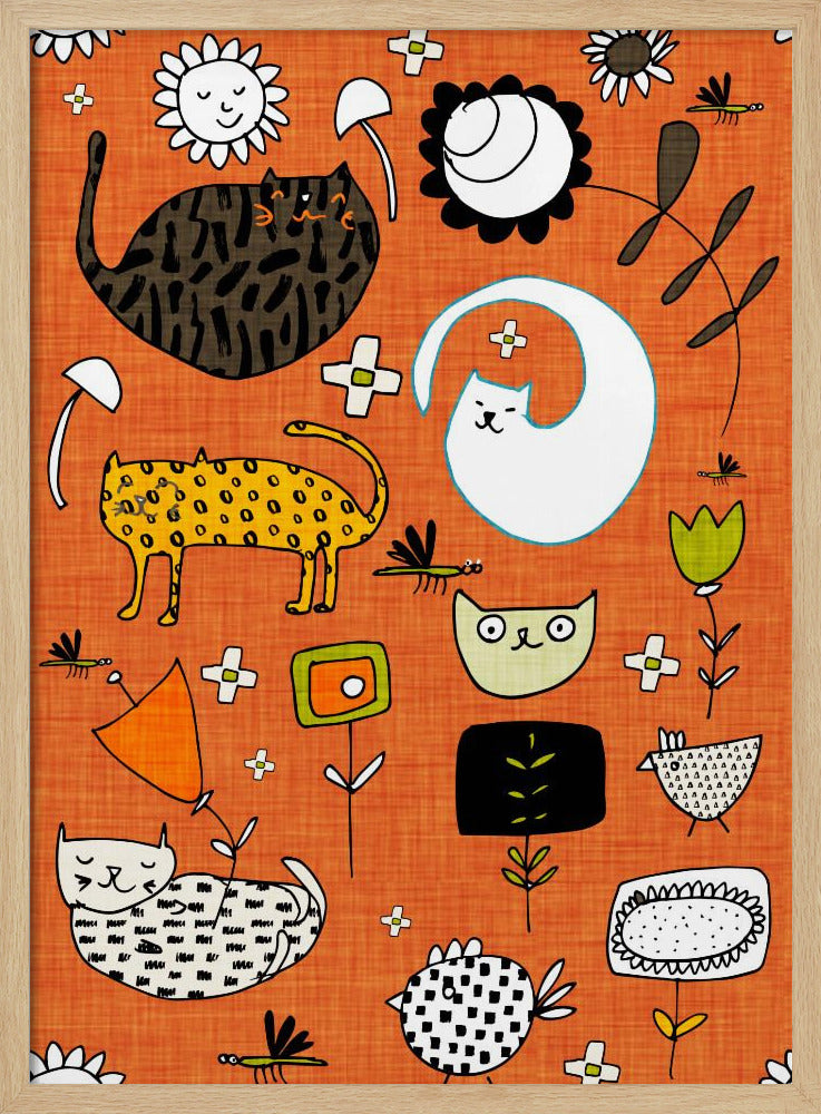 Spring Cat Orange - Cute Whimsical Cats with Flowers Poster