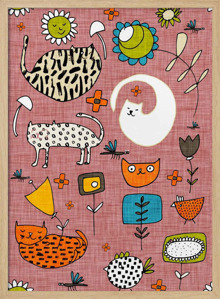 Spring Cat Pink - Cute Whimsical Cats with Flowers Poster
