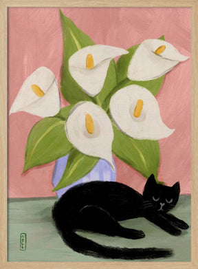 Lilies In a Vase and a Black Cat  - Still Life Illustration Poster