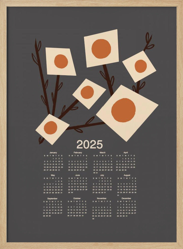 Sunburst Blossoms Charcoal 2025 Mid Century Calendar Poster