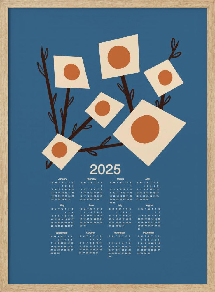 Sunburst Blossoms Blue 2025 Mid Century Calendar Poster