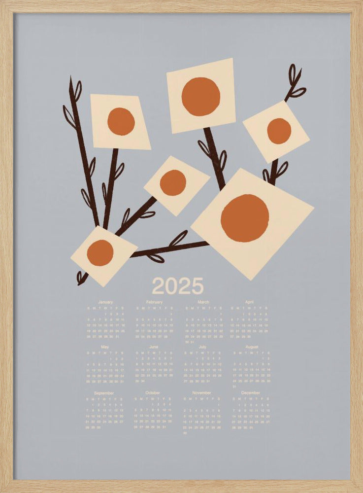 Sunburst Blossoms Grey 2025 Mid Century Calendar Poster