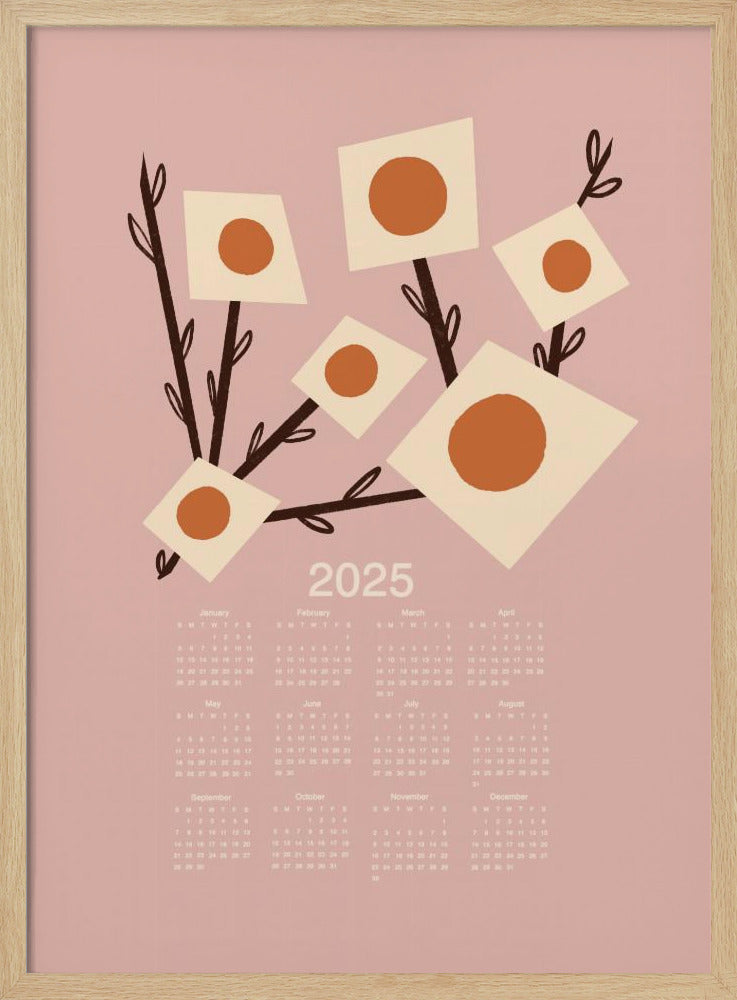 Sunburst Blossoms Pink 2025 Mid Century Calendar Poster