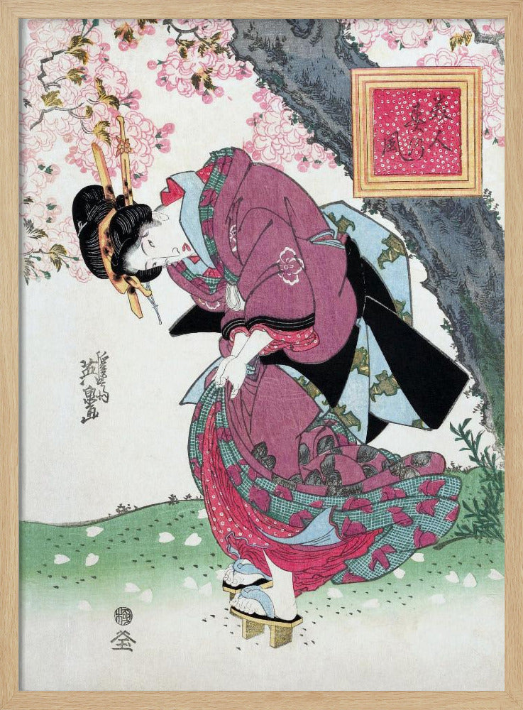 Japanese Woman and Cherry Blossom (1828) Vintage Woodblock Prints Poster