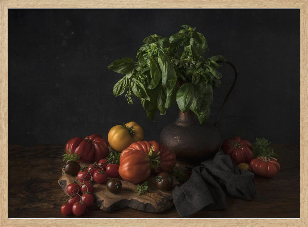 Still life with tomatoes and basil Poster