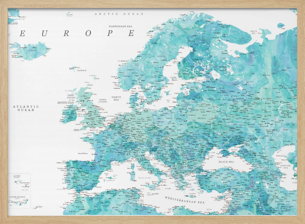 Aquamarine detailed map of Europe Poster