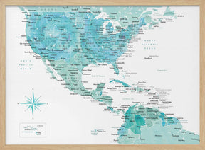 Aquamarine map of USA and Mexico Poster