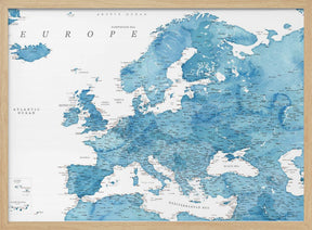 Blue detailed map of Europe Poster