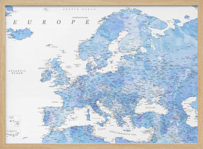 Light blue watercolor detailed map of Europe Poster