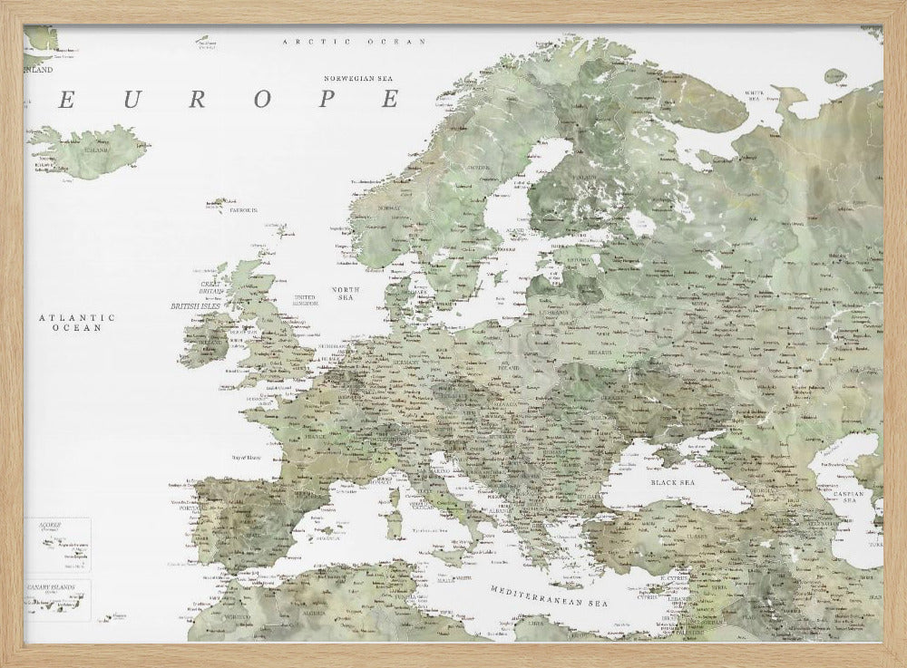 Green detailed map of Europe Poster