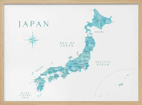 Aquamarine watercolor Japan map Poster