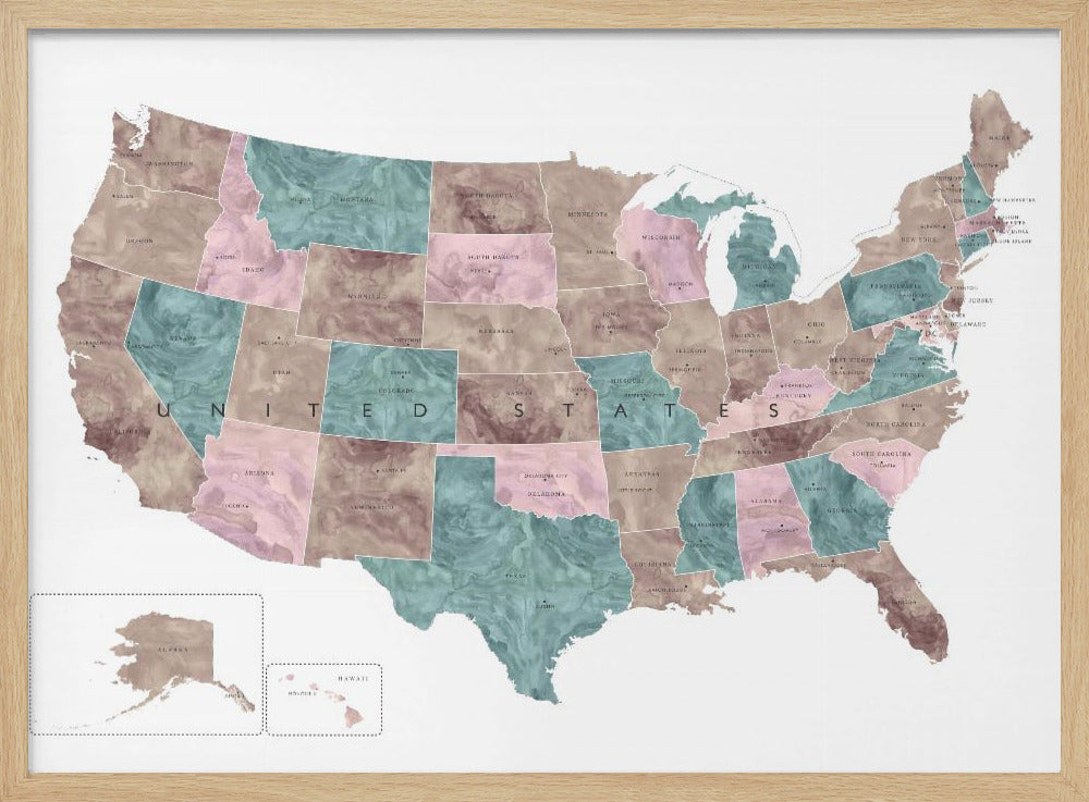 Pink and teal watercolor map of the US Poster