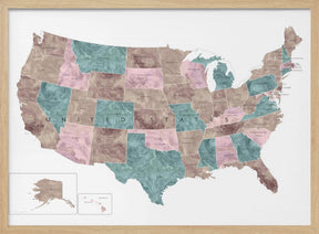 Pink and teal watercolor map of the US Poster