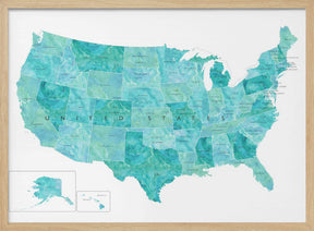 Aquamarine watercolor US map Poster