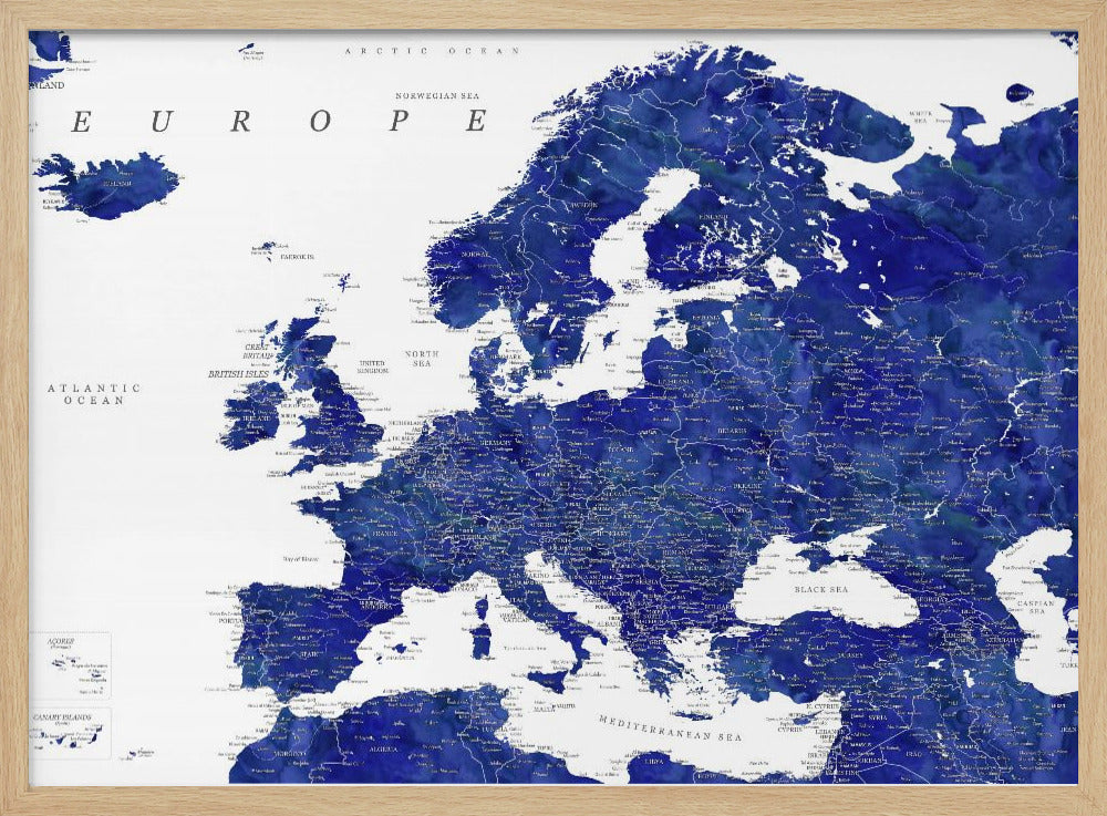 Navy blue detailed map of Europe Poster